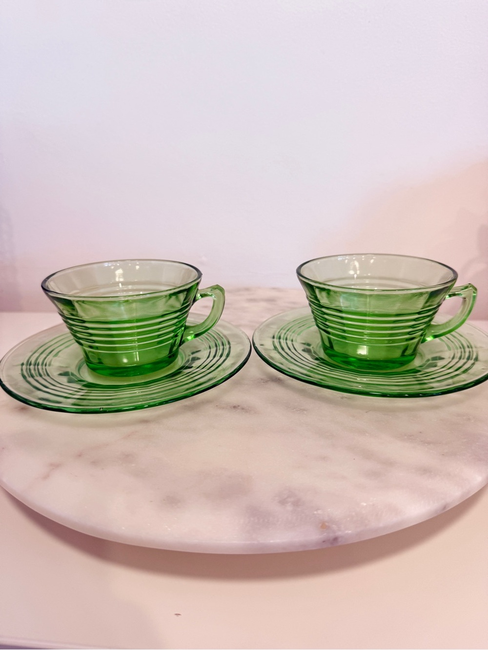 Vintage Green Glass Tea Cup and Saucer Set - 2 Pieces